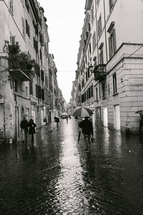 Black and White photo of a street in Rome, Italy in the rain Rainy Streets, Rainy Street, White Photo, Rome Italy, In The Rain, The Rain, Rome, Italy, Black And White