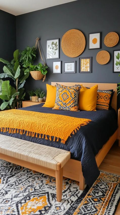 23 Whimsical Moody Boho Bedroom Ideas to Copy 1 Grey Yellow Bedroom Ideas, Moody Yellow Bedroom, Mustard Yellow Decor Bedroom, Mustard And Navy Bedroom, Bright Guest Bedroom, Blue Peacock Bedroom, Jewel Tone Boho Bedroom, Mustard And Pink Bedroom, Dark Kids Room