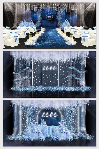 Dark blue light blue dream starry sky wedding renderings#pikbest#decors-models Powder Blue Wedding, Starry Wedding, Wedding Business Card, Hall Decorations, Dark Blue Wedding, Stage Ideas, Snow Wedding, Photo Zone, Wedding Stage Design