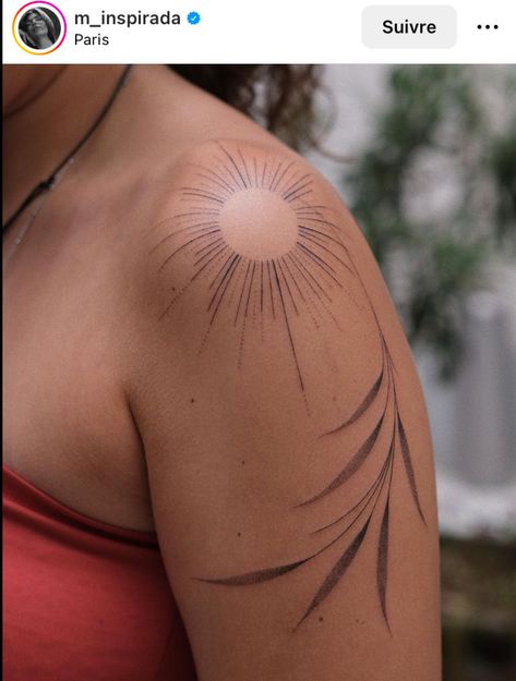 Sunshine Shoulder Tattoos For Women, Sun Collarbone Tattoo, Boho Shoulder Tattoo, Tattoos Shoulder Women, Sunray Tattoo, Back Shoulder Tattoos For Women Unique, Around Shoulder Tattoo, Sun On Shoulder Tattoo, Top Shoulder Tattoo