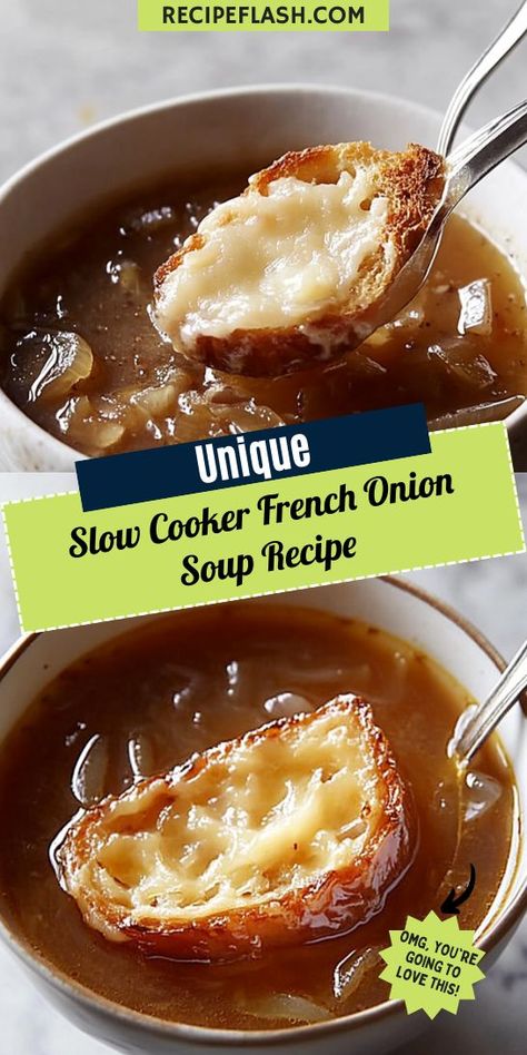 Warm up with a hearty bowl of Slow Cooker French Onion Soup! This comforting recipe features rich caramelized onions, savory broth, and a gooey cheese topping. Perfect for chilly evenings, this soup is an easy, flavorful dish that will become a family favorite. Savor every spoonful of this classic delight! Julia Child French Onion Soup Recipe, Slow Cooker French Onion Soup Recipe, French Onion Soup Recipe Slow Cooker, Slow Cooker Caramelized Onions, Slow Cooker French Onion Soup, Crockpot French Onion Soup, Soup Lovers, Classic French Onion Soup, Onion Soup Recipe