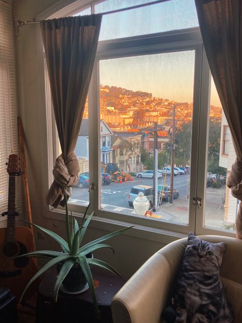 Guitar, succulent, golden hour, San Francisco view Small San Francisco Apartment, San Francisco House Interior, Sf Apartment Aesthetic, San Francisco Home Interior, San Francisco Apartment Aesthetic, San Francisco Houses Interior, San Francisco Homes, San Francisco Aesthetic, San Antonio Apartments