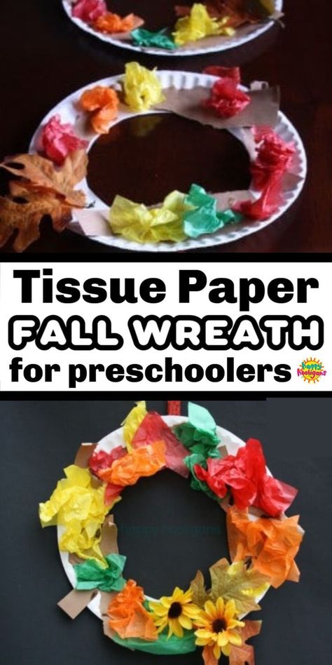 A tissue paper fall wreath is the perfect fall craft for toddlers and preschoolers. Easy and inexpensive! | Fall Crafts for Kids Fall Color Crafts Preschool, October Art Activities For Toddlers, November Fine Motor Activities Preschool, Fall Art Crafts Preschool, Fall Theme Art For Toddlers, Harvest Crafts For Preschoolers, Fall Craft Toddler Easy, Fall Art Project Preschool, Autumn Art Activities For Toddlers