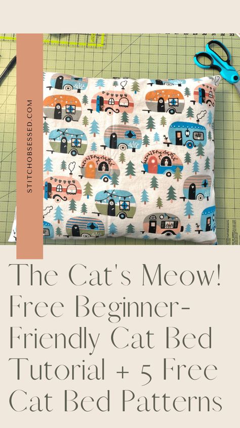 Free DIY Cat Bed Tutorial + 5 Free Cat Bed Patterns How To Sew A Cat Bed, Flannel Cat Bed, Cat Bed Patterns Free, Fleece Cat Bed Diy, Cat Bed Pattern Sewing, Cat Beds Diy, Diy Cat Bed Ideas, Cat Bed Diy, Homemade Cat Beds