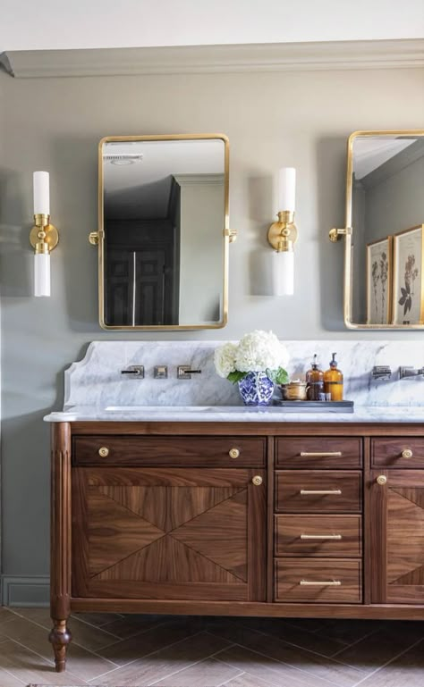 Modern Traditional Bathroom Vanity, Traditional Farmhouse Master Bath, Bathroom Vanity Splashback, Small Double Vanity Bathroom Ideas Master Bath, Jean Stoffer Bathroom, Stained Bathroom Vanity, Modern Bathroom Vanity Ideas, Wood Vanity Bathroom, Wood Double Vanity