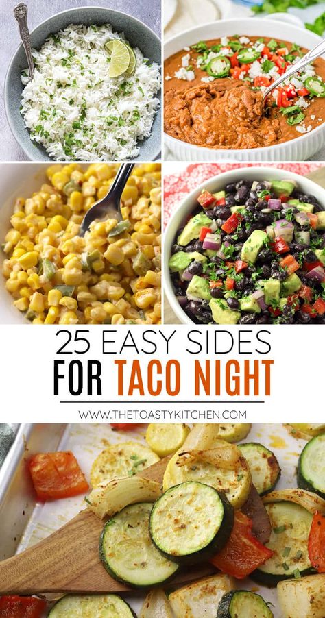 25 sides for taco night, a recipe roundup by The Toasty Kitchen. Wondering what to serve with tacos for dinner? We've got you covered! Today I'm sharing 25 easy sides for taco night. You'll find sides like dips, salads, roasted veggies and more to add to your next taco Tuesday. #taconight #sidesfortacos #tacotuesday #recipes Sides For Taco Night, What To Serve With Tacos, Taco Sides, Sides With Tacos, Mexican Sides, Supper Club Ideas, Taco Side Dishes, Taco Bar Party, Taco Meal