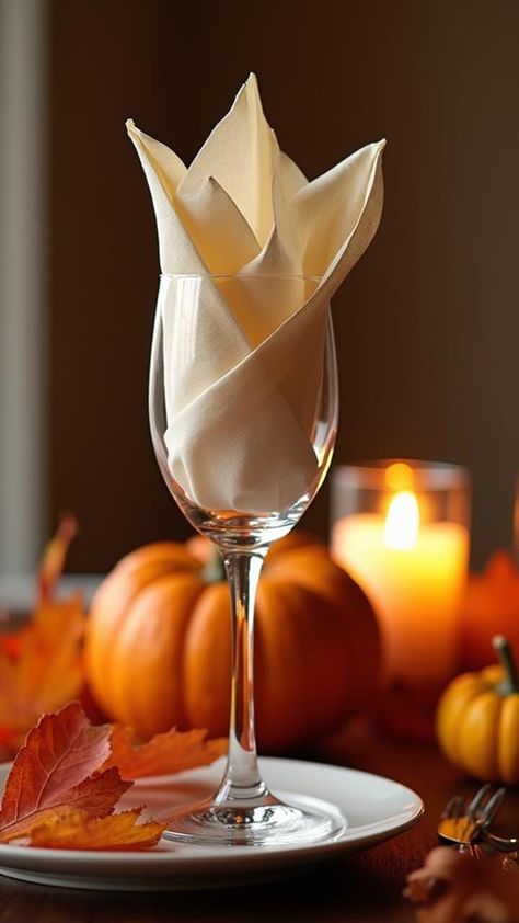 Napkin Folding Ideas For Wine Glasses, Paper Napkin Folding Ideas For Glasses, Wine Glass Napkin Fold, Napkin Folding Ideas For Glasses, Napkin In Glass Ideas, Paper Napkins Folding Ideas, Thanksgiving Napkin Folding, Star Napkin Folding, Turkey Napkin Fold