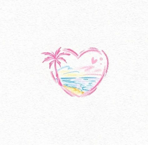 Beach Aesthetic Drawing Easy, Anchor Drawing Easy, Cute Drawings Summer, Easy Beach Drawings, Beachy Drawings, Pink Beach Sunset, Palm Tree Drawing, Sunset Pretty, Wave Drawing