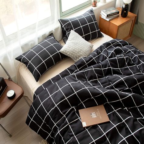 Black White Bedding, Black Comforter Sets, Aesthetic Bedding, Black Bed Set, Plaid Comforter, Geometric Bedding, Black Comforter, White Bed Set, Plaid Bedding