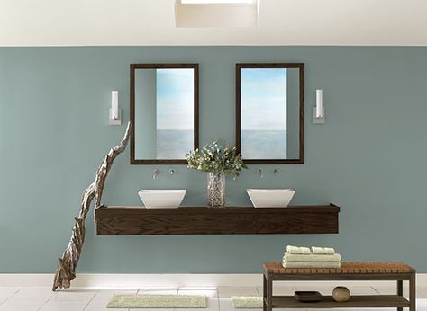 blue gray color, Benjamin Moore sea star Sea Star Benjamin Moore, Floating Counter, Bathroom Palette, Dark Ceilings, Ceiling Colors, Bathroom Colours, Shades Of Grey Paint, Organic Bathroom, Ceiling Color