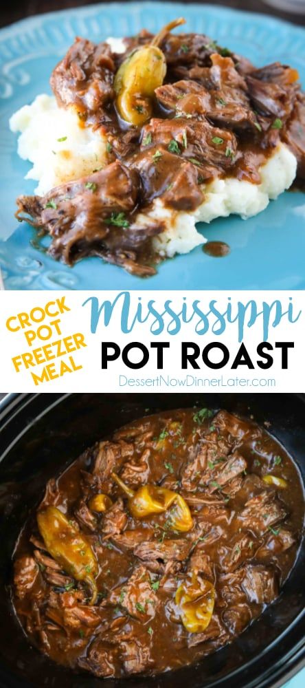 This flavorful Mississippi Pot Roast is a great make-ahead freezer meal. It's slow cooked in the crock pot to create tender shredded beef in a saucy gravy. Serve it with mashed potatoes, rice, or noodles. Mississippi Pot Roast Crockpot, Beef Freezer Meals, Mississippi Pot, Freezer Friendly Meals, Freezable Meals, Freezer Meal Planning, Make Ahead Freezer Meals, Mississippi Pot Roast, Freezer Meal Prep