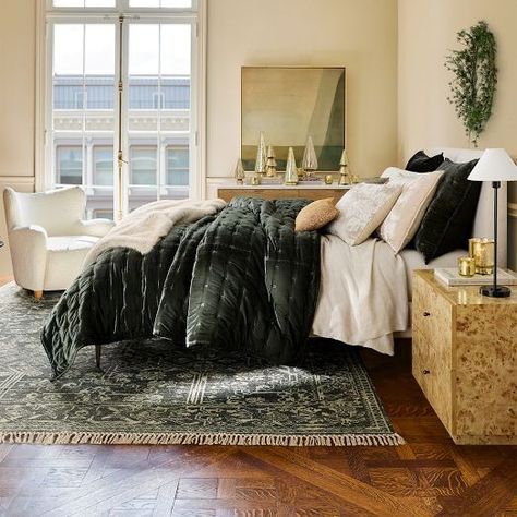 Velvet All Bedding | West Elm Velvet Quilted Bedding, Moody Bedding Sets, Velvet Comforter Bedroom, Dark Bedding Bedroom, Green Velvet Bedding, Bedroom Comforter Ideas, Forest Green Bedding, Green Comforter Bedroom, Dark Green Bedding