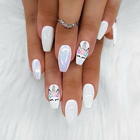 Unicorn Nails Designs, Unicorn Nail Art, Kids Nail Designs, Girls Nail Designs, Unicorn Nails, Short Coffin Nails, Short Acrylic, White Nail Designs, Pink Nail