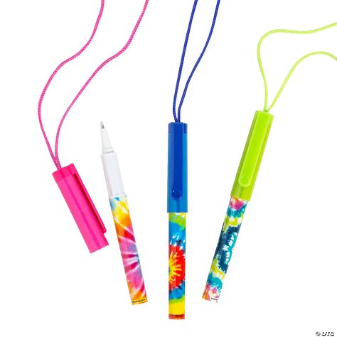 Tie-Dyed Pens on A Rope - 12 Pc. | Oriental Trading Practical Party Favors, Glove Compartment, Teaching Supplies, Age Of Aquarius, Classroom Supplies, Stationery Pens, Colored Pens, Stationery Items, Favor Bags