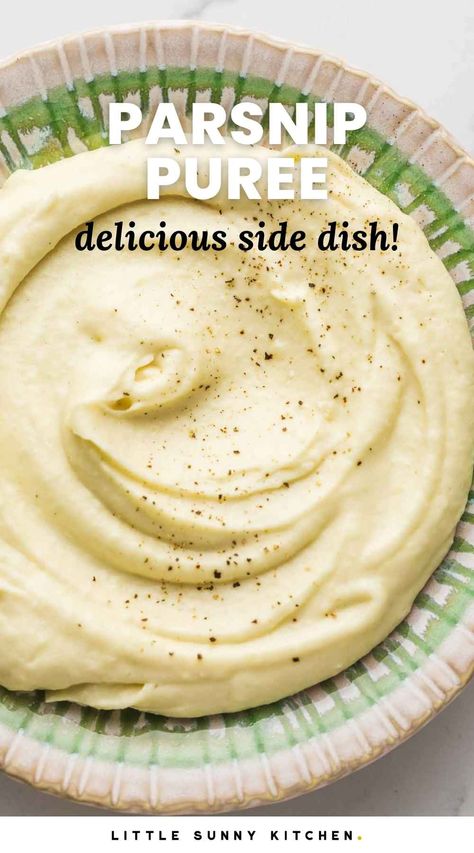 Parsnip Puree is a creamy, sweet, and nutty side dish that goes well with everything! Similar to mashed potatoes, but with an extra, sophisticated flavor kick. Parsnip Puree Recipe, Traditional Mashed Potatoes Recipe, Fall Side Dish Recipes, Healthy Holiday Side Dishes, Parsnip Recipes, Puree Recipes, Parsnip Puree, Fluffy Mashed Potatoes, Roast Pork