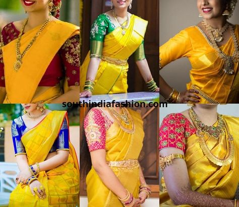 FI yellow kanjeevaram best blouse combos Yellow Green Saree, Yellow Blouse Design, Green Blouse Design, Yellow Blouse Designs, Yellow Sarees, Green Blouse Designs, Saree Blouse Design, Yellow Color Combinations, Maroon Saree