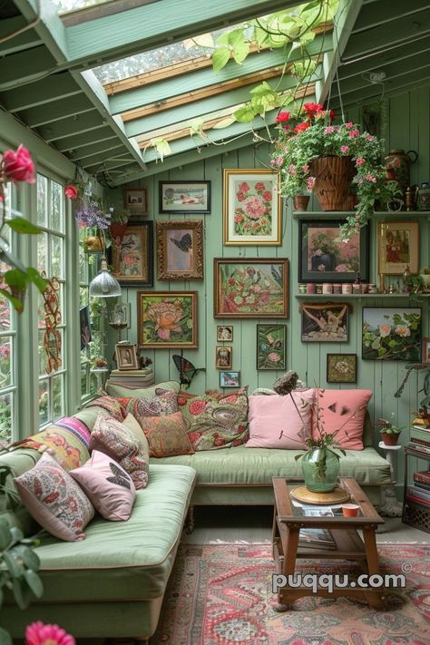 Floral Gallery Wall Ideas, Cozy House Inspiration, Diy Sunroom On A Budget, Garden Room Ideas Interior Design, Conservatory Ideas Interior, Summerhouse Interiors Ideas, Summer House Interior, Unique Living Room Ideas, Bohemian Gallery Wall