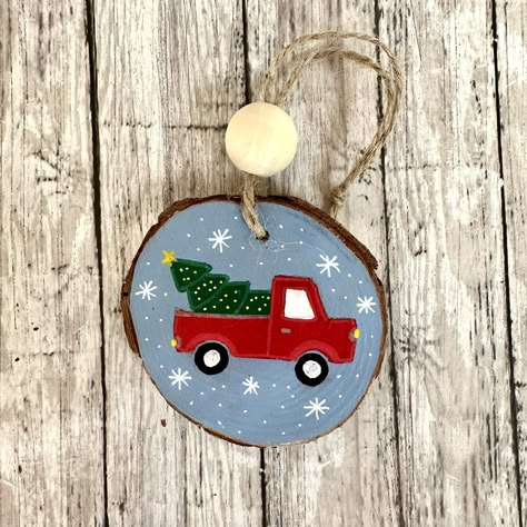 Excited to share this item from my #etsy shop: Hand Painted Red Truck Christmas Ornament, Hand Painted Car Wood Slice Ornament, Rustic Farmhouse Decor Red Truck Ornament Diy, Wood Ornament Painting Ideas, Ornament Contest, Wooden Ornaments Diy, Red Truck Christmas, Acrylic Paint On Wood, Wood Slice Ornament, Wood Christmas Ornaments, Wood Christmas