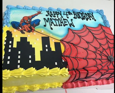 Spiderman Birthday Sheet Cake, Spider Man Sheet Cake Ideas, Spiderman Sheet Cake, Man Cupcakes, Road Cake, Superhero Birthday Party Decorations, Spiderman Cupcakes, Spiderman Birthday Cake, Baby Gender Reveal Party Decorations