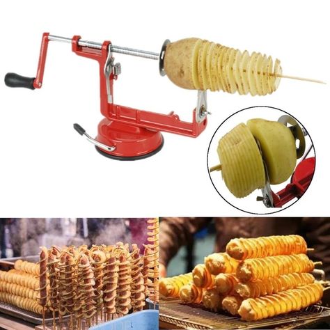 Kitchen Red Stainless Steel Twisted Potato Slicer Spiral French Fry Fruit Vegetable Cutter Kitchen Tools Gadgets Potato Slicer Machine, Twist Potato, Spiral Potato, Tornado Potato, Spiral Vegetable Slicer, Potato Slicer, Spiralized Vegetables, Veggie Snacks, Potato Vegetable