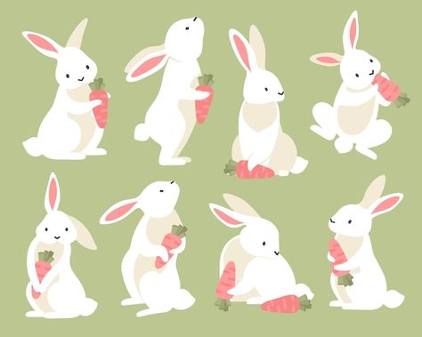 Free vector cute rabbits with carrot in ... | Free Vector #Freepik #freevector #bunny #cute-rabbit #easter-design #easter-bunny Easter Bunny Illustration, Bunny Illustrations, Cute Rabbits, Light Green Background, Rabbit Easter, Different Poses, Animal Graphic, Fuller Hair, Easter Design