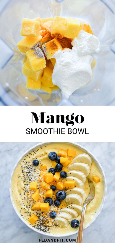 Luxurious Mango Smoothie Bowl - Fed & Fit Smoothie Bowl Recipe Without Banana, Smoothies Without Bananas, Easy Mango Smoothie, Thick Smoothie Bowl, Clean Smoothies, Coconut Water Recipes, Smoothie Bowls Recipe Easy, Smoothie Without Banana, Coconut Aesthetic