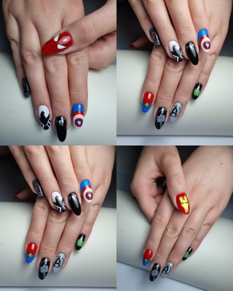 Black panther black widow capitan america Avengers Acrylic Nails, Disney Marvel Nails, Iron Man Nail Art, Marvel Nails Designs Easy, Super Hero Nails Designs, Iron Man Nails Designs, Marvel Avengers Nails, Superhero Nails Marvel, Marvel Gel Nails