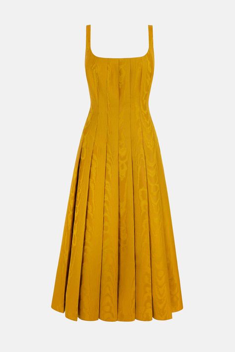 Adele Dress in Ochre Moire Mikado Cool Wedding Guest Dress, Autumn Formal Dress, Soft Autumn Clothes, Moire Dress, Mustard Outfit, Dynamite Clothing, Silhouette Mode, Mustard Yellow Dress, Semi Formal Outfit