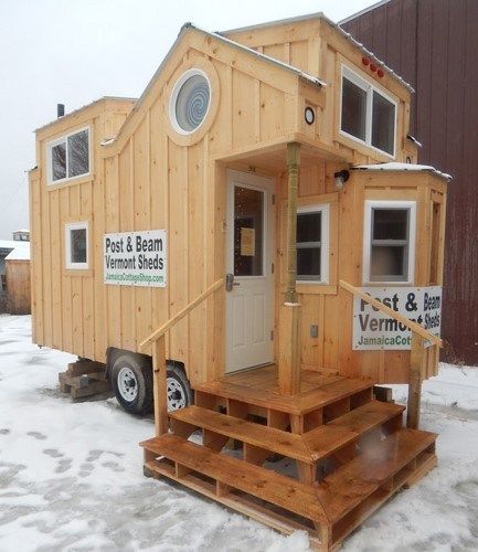 This is the Charlavail Tiny House on Wheels by Jamaica Cottage Shop in Vermont. Inside you’ll find two lofts (one for sleeping, one for storing), a quaint breakfast nook and an awesome open-s… 8x16 Tiny House, Small Lofts, Post And Beam Cabin, Bunkie Ideas, Tiny Homes On Wheels, Homes On Wheels, Porch Stairs, Pre Fab Tiny House, Alternative Housing