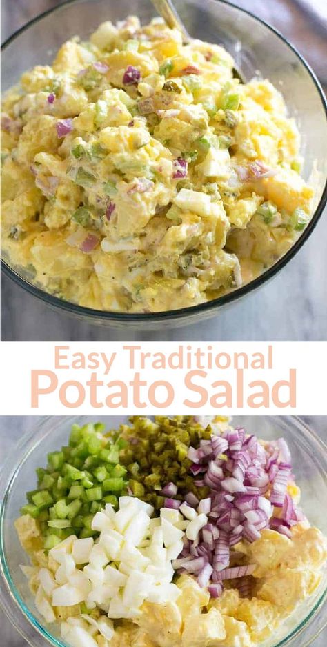 Traditional Potato Salad made with Yukon Gold potatoes, hard boiled eggs, and a simple creamy dressing. This easy recipe has been a family favorite for years. Potatoe And Egg Salad Recipe, Potato Egg Salad Recipe, Deviled Eggs Potato Salad Recipe, Potato Salad Deviled Egg, Best Potato Salad Recipe With Egg, Homemade Potatoe Salad With Eggs, Potato Salad Classic, Easy Southern Potato Salad, Best Easy Potato Salad