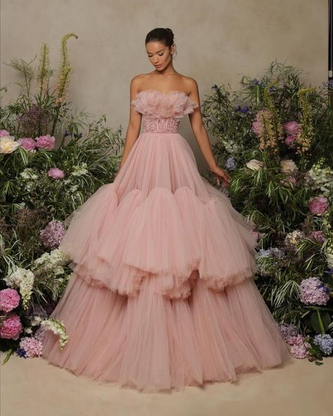 Tarik Ediz | This romantic pink evening dress features a ruffled bodice adorned with sparkly beads on the waist with a dramatic ruffle full skirt! Tarik Ediz Dresses, Pink Evening Gowns, Funky Dresses, Pink Gown, Tarik Ediz, Princess Skirt, Full Length Gowns, Cocktail Gowns, Tulle Ball Gown