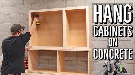 Advertisment - How To Hang Cabinets, Miter Saw Station, Saw Station, Cinder Block Walls, Walnut Floors, Cement Wall, Basement Makeover, Hanging Cabinet, Shaker Style Doors