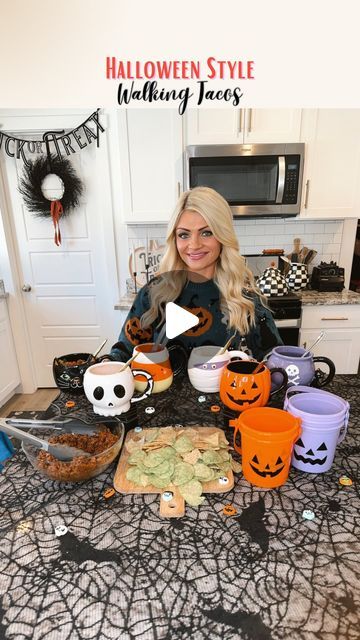 Cherish Larsen - Seasonal/Holiday Favorites! on Instagram: "My Halloween version of walking tacos 🖤🎃 This is a fun, easy, and festive way to serve a yummy dish for upcoming Halloween parties! I use these cute little pumpkin pails that come in packs of 3, to create my “walking tacos”. I like to start with a layer of chips, and then add my ground beef. After that add more chips, and then your favorite toppings. I added the toppings to these Halloween mugs for an easy way of serving! 

What I used :

-salsa
-sour cream
-shredded cheese
-lettuce
-hot sauce
-guacamole

All my cute hosting products are linked in LTK! 

Comment SHOP below to receive a DM with the link to shop this post on my LTK! Happy Spooky Season 🎃🖤💜

https://liketk.it/4TlwS" Cherish Larsen, Happy Spooky Season, Pumpkin Pail, Walking Tacos, Halloween Mugs, Halloween Parties, Halloween Mug, Halloween Fashion, Shredded Cheese