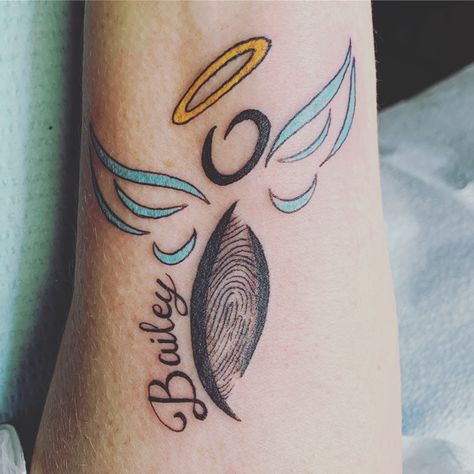 Memorial Tattoo With Fingerprint, Thumb Print Angel Wings Tattoo, Family Tattoos Fingerprints, Tattoos With Thumbprints, Thumbprint Memorial Ideas, Thumb Print Tattoos Memorial, Fingerprint Angel Wing Tattoo, Fingerprint Memorial Tattoos, Thumbprint Tattoo Memory