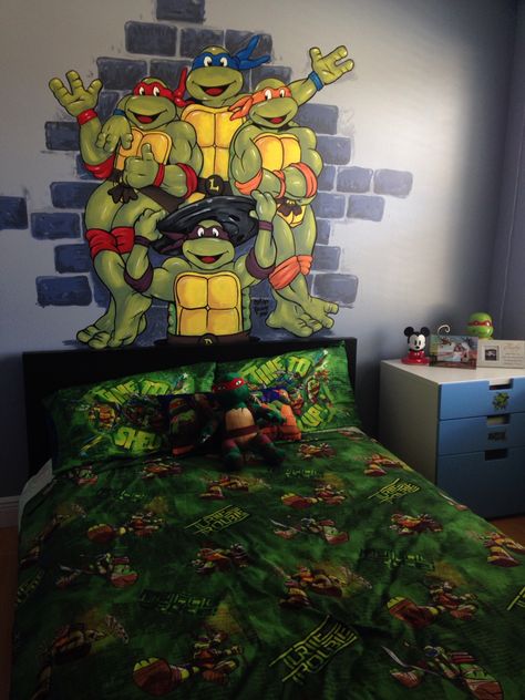 TMNT hand painted wall mural   Boy room toddler preschool ninja turtles wall art custom made murals kids   Info@diceyart.com  #southflorida #Miami #broward Tmnt Room Decor, Ninja Turtle Room Decor, Boy Room Toddler, Turtle Mural, Tmnt Bedroom, Tmnt Room, Hand Painted Wall Mural, Ninja Turtle Decorations, Ninja Turtle Room