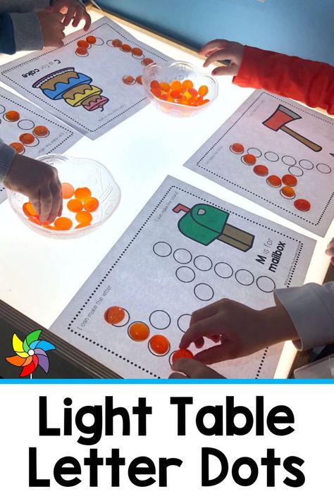 These letter dots help students master one of the most crucial steps to pre-writing – letter identification. Students gain familiarity with the shapes of the letters by placing the dots in the indicated spaces. More advanced students still enjoy the activity as review, or practice oral language, letter sounds, and more! Light Table Tracing Preschool, Light Table Math Activities Preschool, Light Pad Activities, 5 Senses Light Table, Light Table Alphabet Activities, Light Table Letter Activities, Back To School Light Table Ideas, Thanksgiving Light Table Preschool, Preschool Bead Activities