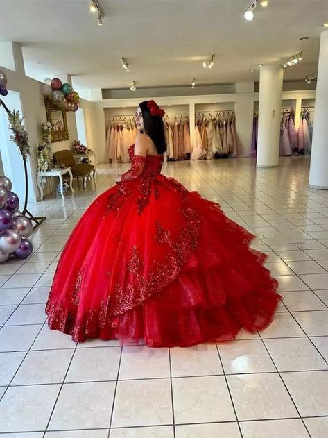 Red Sweetheart Quinceanera Dresses with Long Sleeves | KissProm Red Quinceanera Dresses Butterfly, Red Quinceanera Dresses With Roses, Red Dress For Quinceanera, Quinceanera Dresses With Long Sleeves, Quinceanera Dresses Red And Gold, Red Xv Dresses, Quinceanera Red Theme, Red 15 Dresses Quinceanera, Red And Gold Quinceanera Dresses