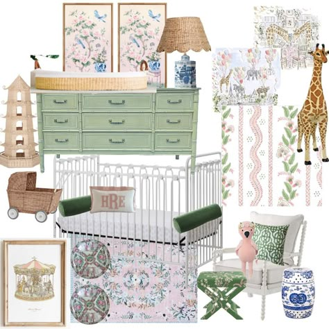 Morris And Co Nursery, Designer Nursery Girl, Pink And Blue Chinoiserie Bedroom, Grandmillenial Nursery Ideas, Rose Garden Nursery, Nursery Grand Millenial, Chinoiserie Chic Nursery, Blue Green Pink Nursery, Pink Chinoiserie Nursery