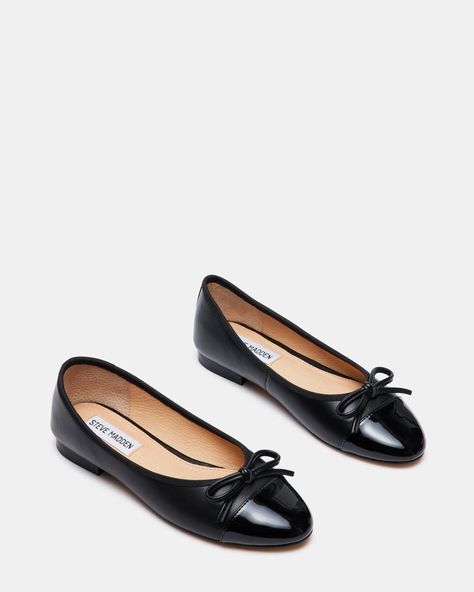 Steve Madden | Ellison Black Leather Ballet Flats Business Flats, Steve Madden Flats, Black Leather Ballet Flats, Steve Madden Store, Black Leather Flats, Leather Socks, Bow Flats, Black Ballet Flats, Womens Ballet Flats