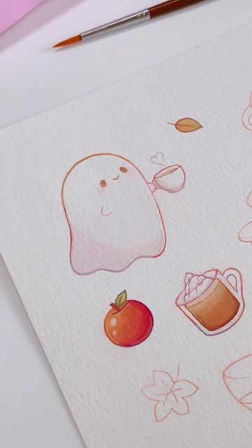 Happy Ghost Drawing, Kawaii Ghost Tattoo, Happy Ghost Tattoo, Ghost Drinking Coffee Tattoo, Ghost With Coffee Tattoo, Fall Cute Drawings, Kawaii Ghost Drawing, Notebook Borders, Little Ghost Drawing