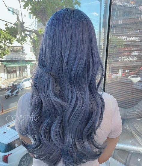 Dusty Blue Hair Color, Grayish Blue Hair, Korean Blue Hair, Bluish Purple Hair, Blue Hair Kpop, Hair Color Bangs, Steel Blue Hair, Ashy Blue Hair, Light Blue Hair Color