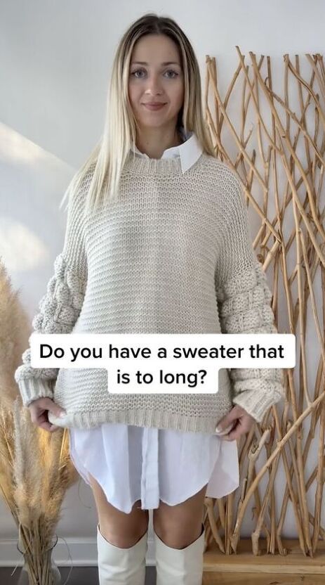 Fall Outfits Oversized Sweaters, Shorten Knitted Sweater, How To Make A Long Sweater Short, Shorten A Sweater Diy, How To Make An Oversized Sweater Fit, How To Shorten Sweater Length, Oversized Long Sweater Outfit, Oversized Sweater Outfit Women, Oversized Sweater Over Dress