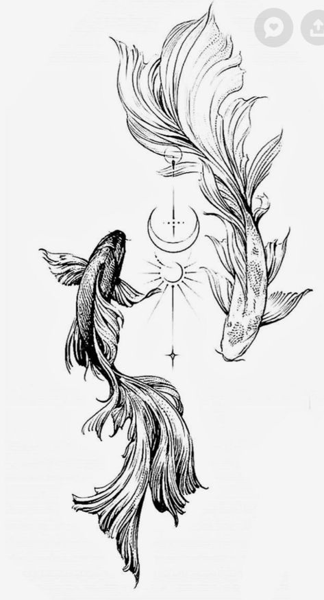 Unique Fish Tattoo, Matching Coi Fish Tattoos Ideas, Back Fish Tattoo, Tattoo Ideas For Overcoming Obstacles, Tattoo Ideas Female Pisces, Thigh Tattoos Women Outline, Sun And Moon Koi Fish, Sea Themed Tattoos For Women, Ocean Hip Tattoo