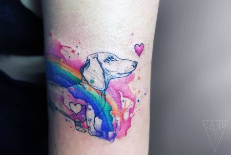 Rainbow Dachshund watercolor tattoo #tęczowymost ❤️ #dog #doglovers #dogtattoo #dogstattoo  #misspank  #misspanktattoo…” Dachshund Tattoo Ideas, Daschund Tattoo, Tattoos Rainbow, Dachshund Tattoos, Dachshund Watercolor, Bridge Tattoo, Pet Memorial Tattoo, Memorial Tattoo Designs, Girl Thigh Tattoos