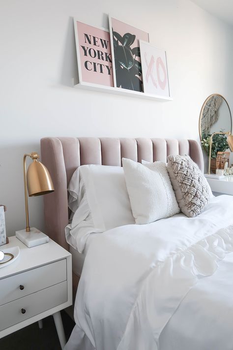 bedroom decor 28 popular small master bedroom makeover ideas 25 Home And Garden Home Decor Bedroom Bedroom Colorful Ideas, Headbed Headboard, Bed Wall Decor Ideas, Rose Gold Bedroom Ideas, Blush And Gold Bedroom, Rose Gold Bedroom, Teresa Caruso, Bedroom Details, White Wainscoting