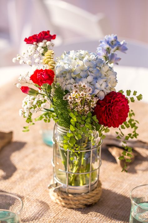 July 4th Wedding Ideas, Red White Blue Wedding, July 4th Wedding, Centerpieces For Weddings, Classic Wedding Details, Blue Flower Arrangements, Patriotic Wedding, Wedding Flower Guide, Blue Centerpieces