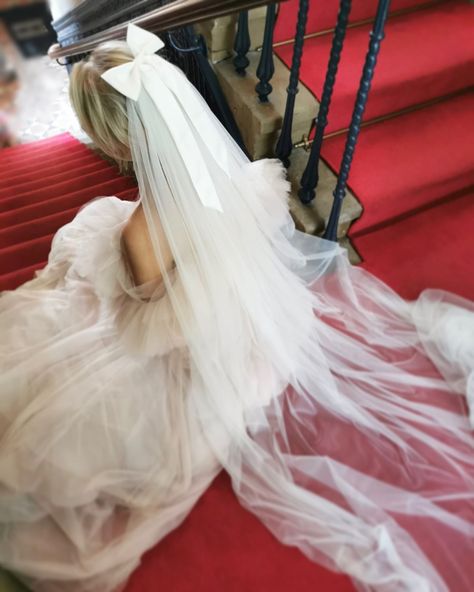 Bridal Veil With Bow, Bow Veils Bridal, Bow Vail Wedding, Wedding Hair With Bow And Veil, Wedding Veils With Bow, Wedding Vail With Bow, Long Bow Veil, Bow With Veil, Bow Veil Long