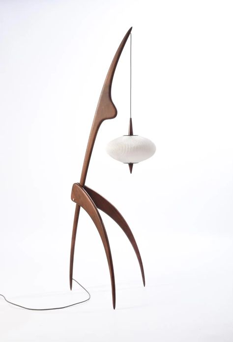 For Sale on 1stDibs - Large Rispal 'Praying Mantis' sculptural floor lamp in American walnut. The iconic model #14.950 was originally designed in 1950 by François Rispal. This Curved Floor Lamp, Ceramic Floor Lamps, Praying Mantis, American Modern, Zebra Wood, Ceramic Floor, Tripod Floor Lamps, American Walnut, French Furniture