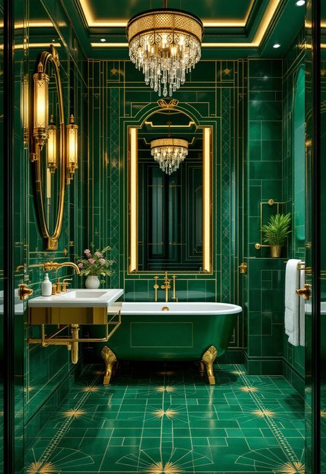 Green Bathroom Decor Green Deco Bathroom, Emerald Green Vintage Bathroom, Green Art Deco Bathroom, Green Bathroom Decor Ideas, Tiny Bathroom Design, Emerald Green Bathroom, Light Green Bathrooms, Hollywood Bathroom, Green Tile Bathroom