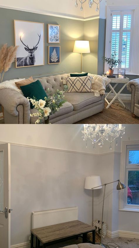 Calm Front Room Ideas, Lichen Living Room, Cosy Sage Green Living Room, Grey Beige Sage Living Room, Lounge Neutral Colours, Natural Colour Scheme Living Room, Green And Greige Living Room, Sage Green Front Room Ideas, Living Room Colour Schemes Neutral